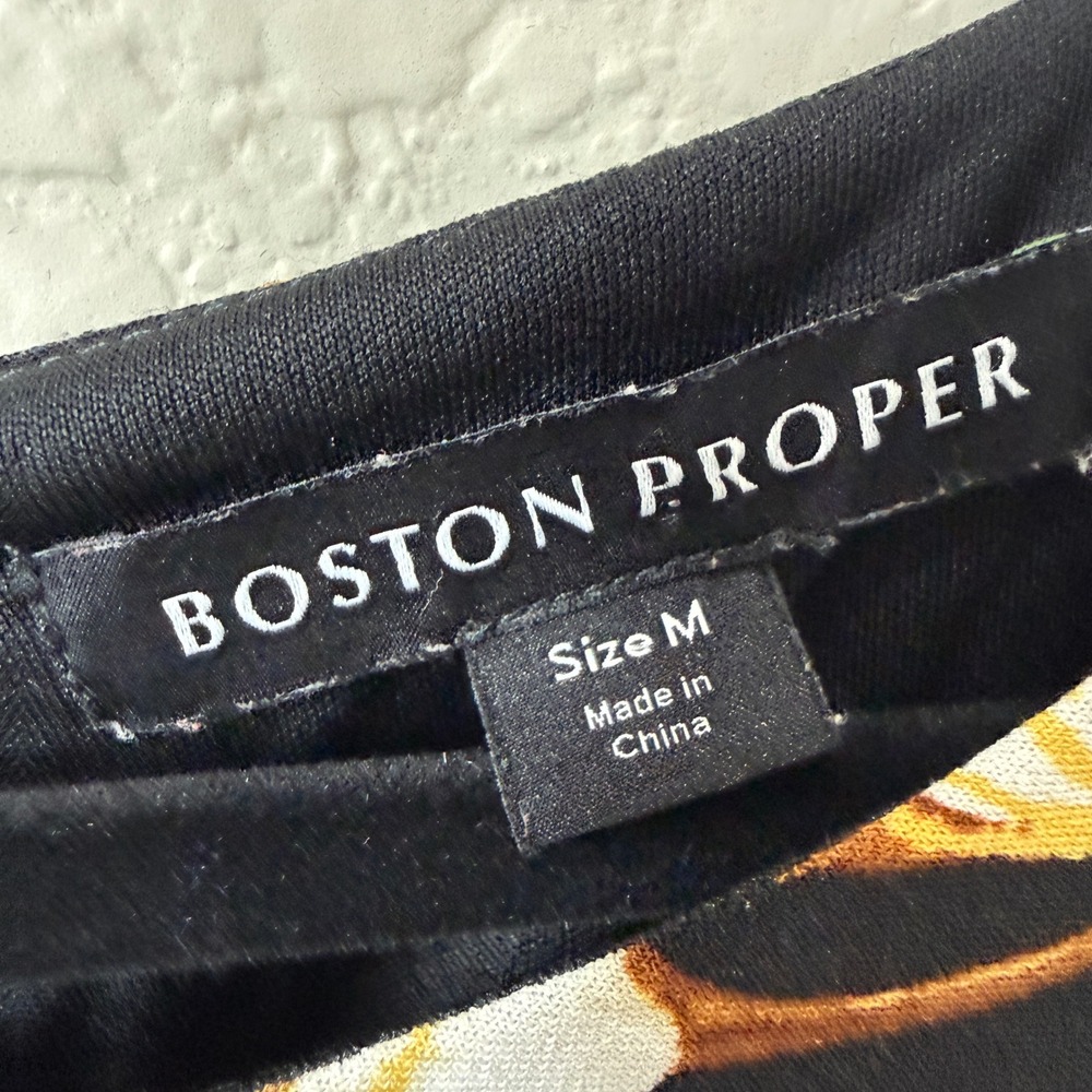 Boston Proper Black Floral Blouson Dress Baroque Chain Print Italian Style Sz M - Picture 6 of 10